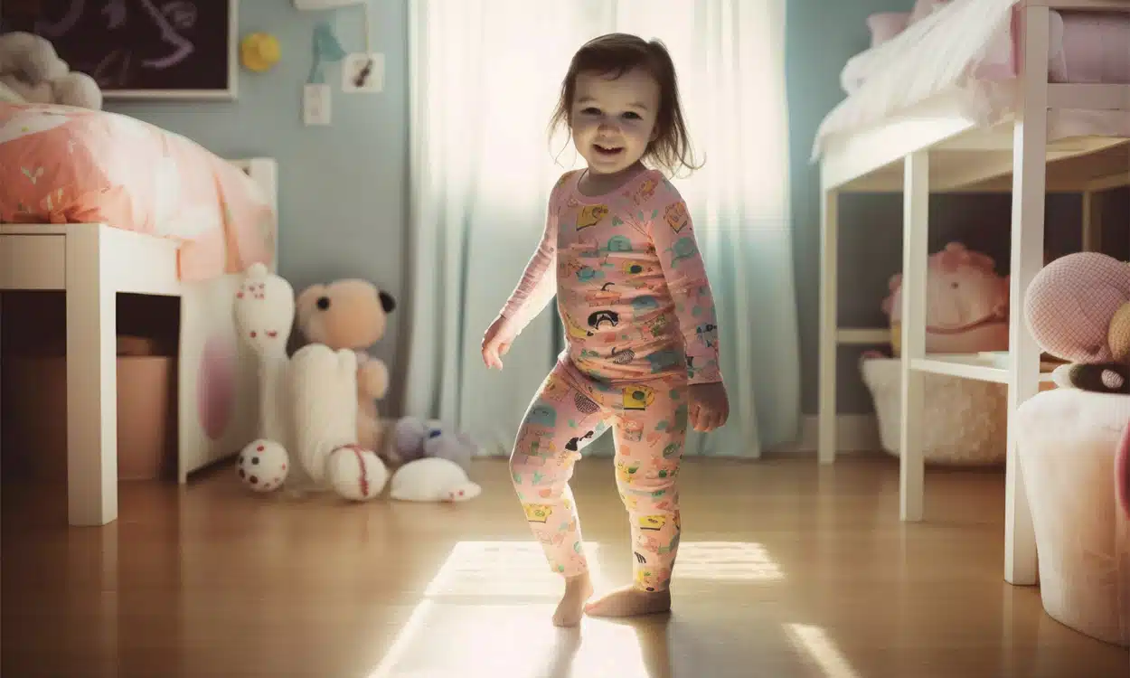 Une petite fille en pyjama souriante debout au milieu de sa chambre d'enfant