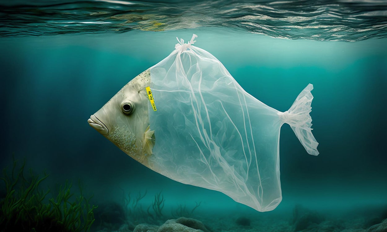 Pollution de l'eau représentée par un poisson avec un corps de sachet plastique